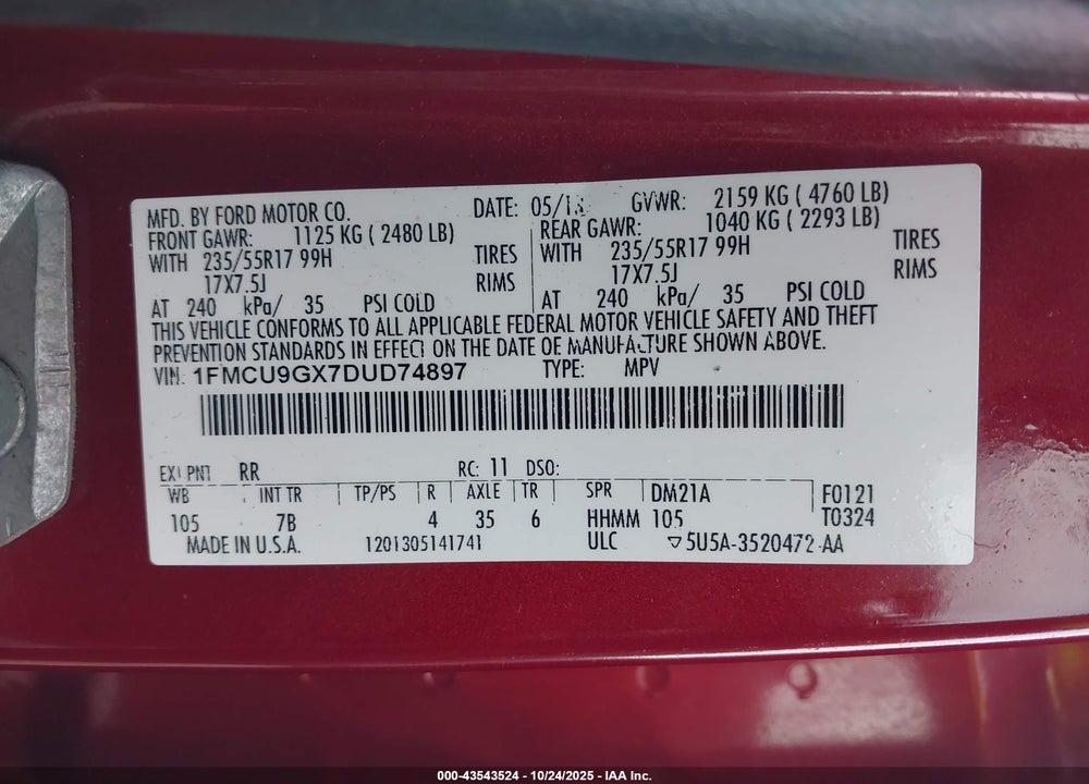 2013 FORD ESCAPE SE VIN: 1FMCU9GX7DUD74897