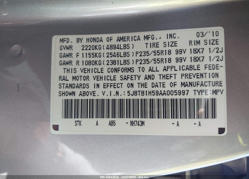 2010 ACURA RDX VIN: 5J8TB1H59AA005997