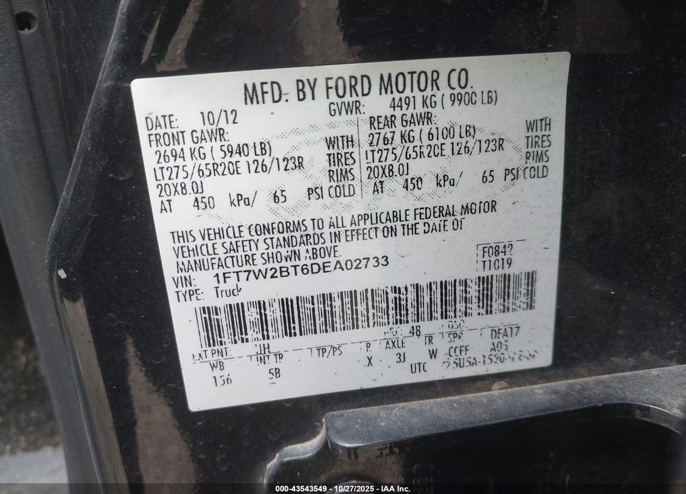 2013 FORD F-250 LARIAT VIN: 1FT7W2BT6DEA02733