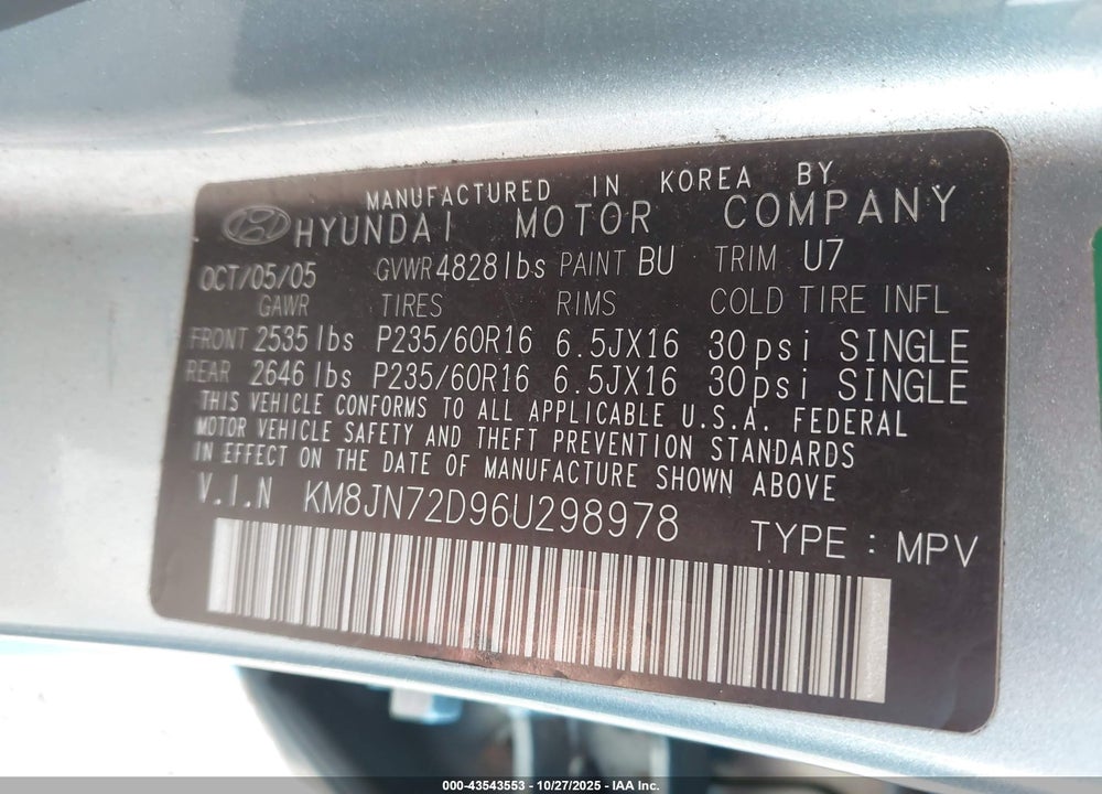 2006 HYUNDAI TUCSON GLS/LIMITED VIN: KM8JN72D96U298978