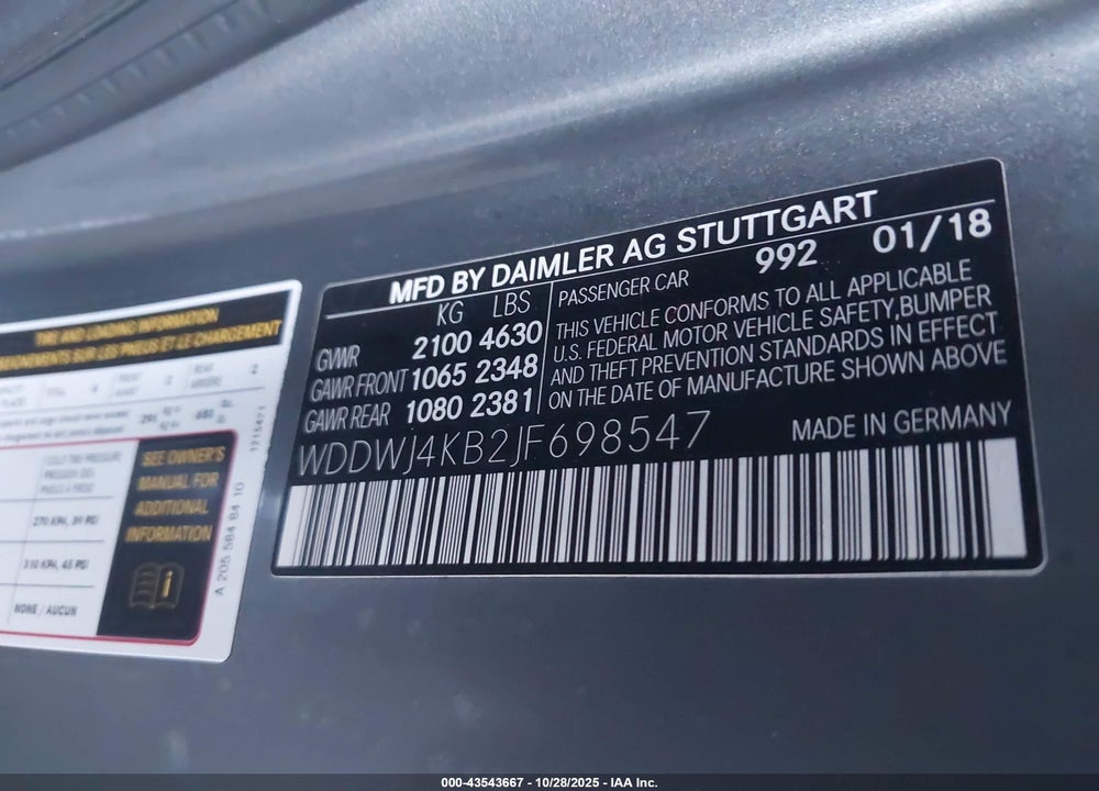 2018 MERCEDES-BENZ C CLASS VIN: WDDWJ4KB2JF698547