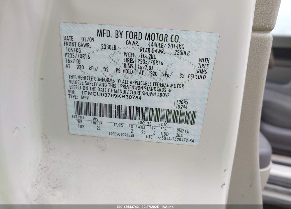2009 FORD ESCAPE VIN: 1FMCU03799KB30754