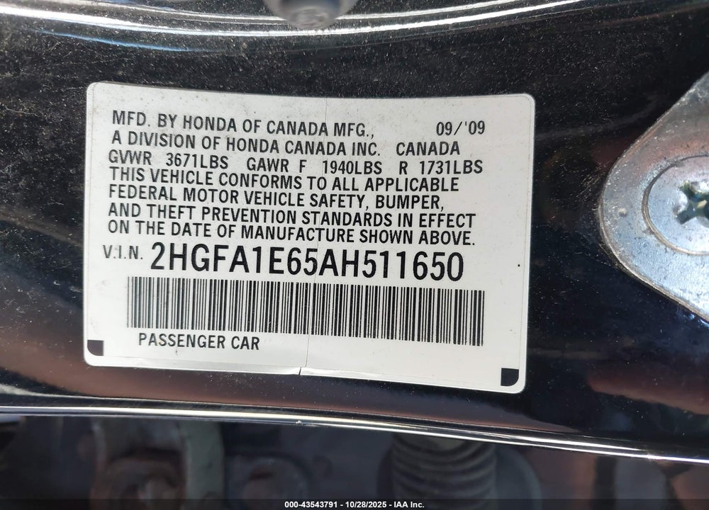 2010 HONDA CIVIC LX-S VIN: 2HGFA1E65AH511650