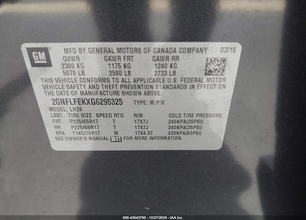 2016 CHEVROLET EQUINOX LT VIN: 2GNFLFEKXG6295325