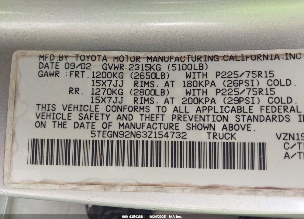 2003 TOYOTA TACOMA PRERUNNER V6 VIN: 5TEGN92N63Z154732