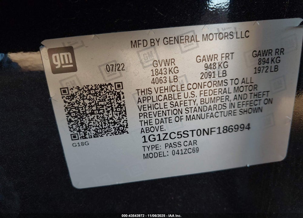 2022 CHEVROLET MALIBU VIN: 1G1ZC5ST0NF186994