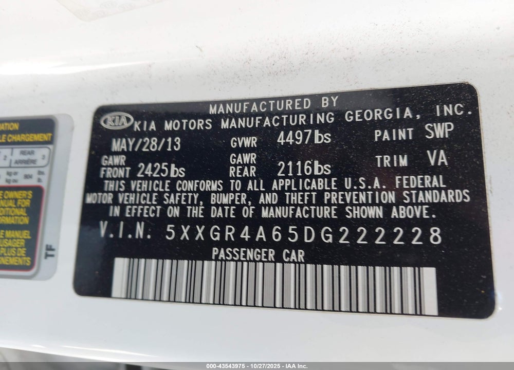 2013 KIA OPTIMA SX VIN: 5XXGR4A65DG222228