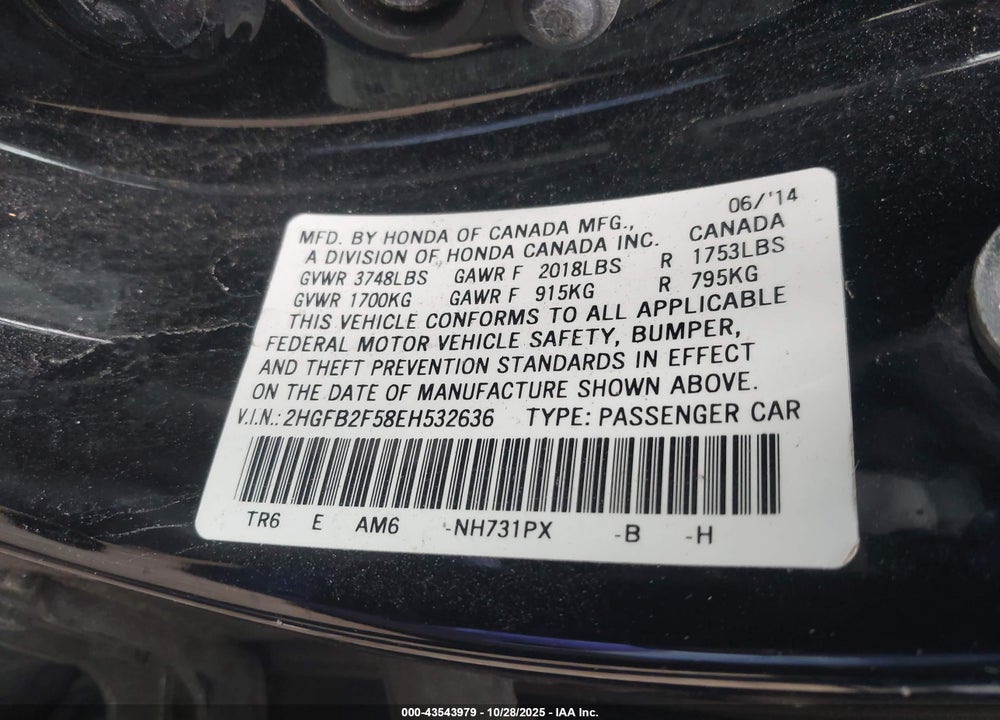 2014 HONDA CIVIC LX VIN: 2HGFB2F58EH532636