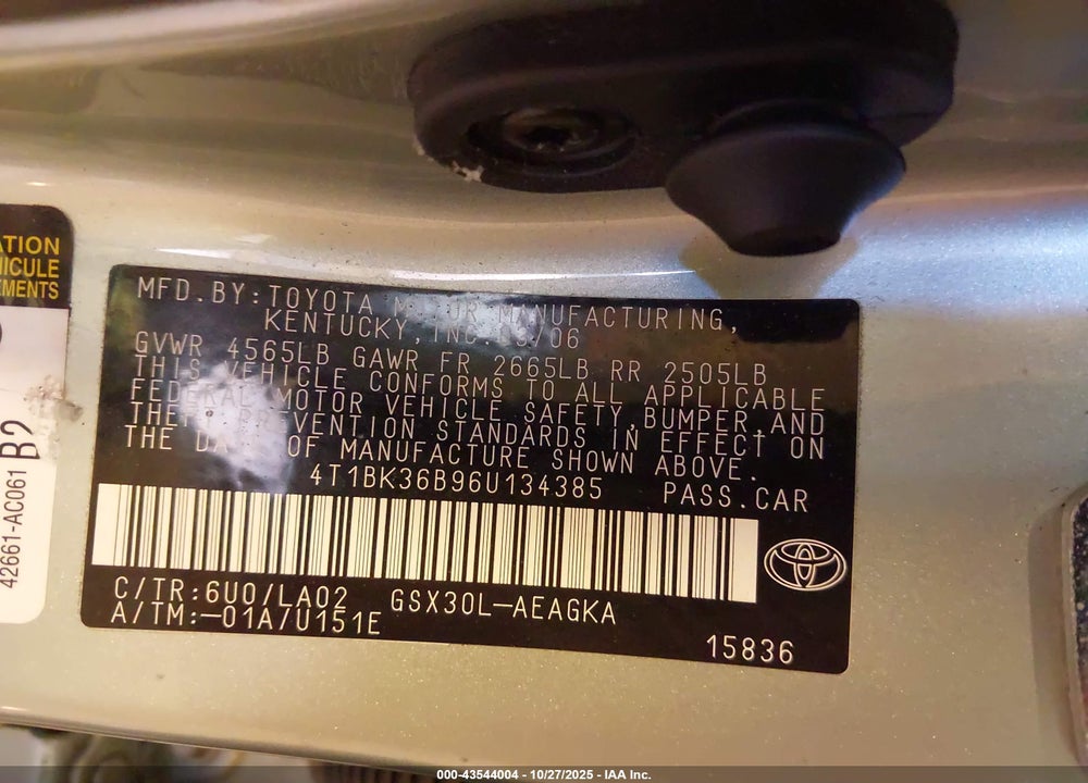 2006 TOYOTA AVALON XLS VIN: 4T1BK36B96U134385