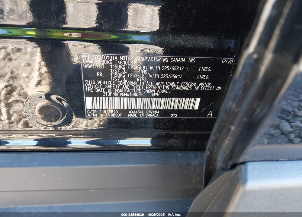 2021 TOYOTA RAV4 VIN: 2T3F1RFV6MW168094