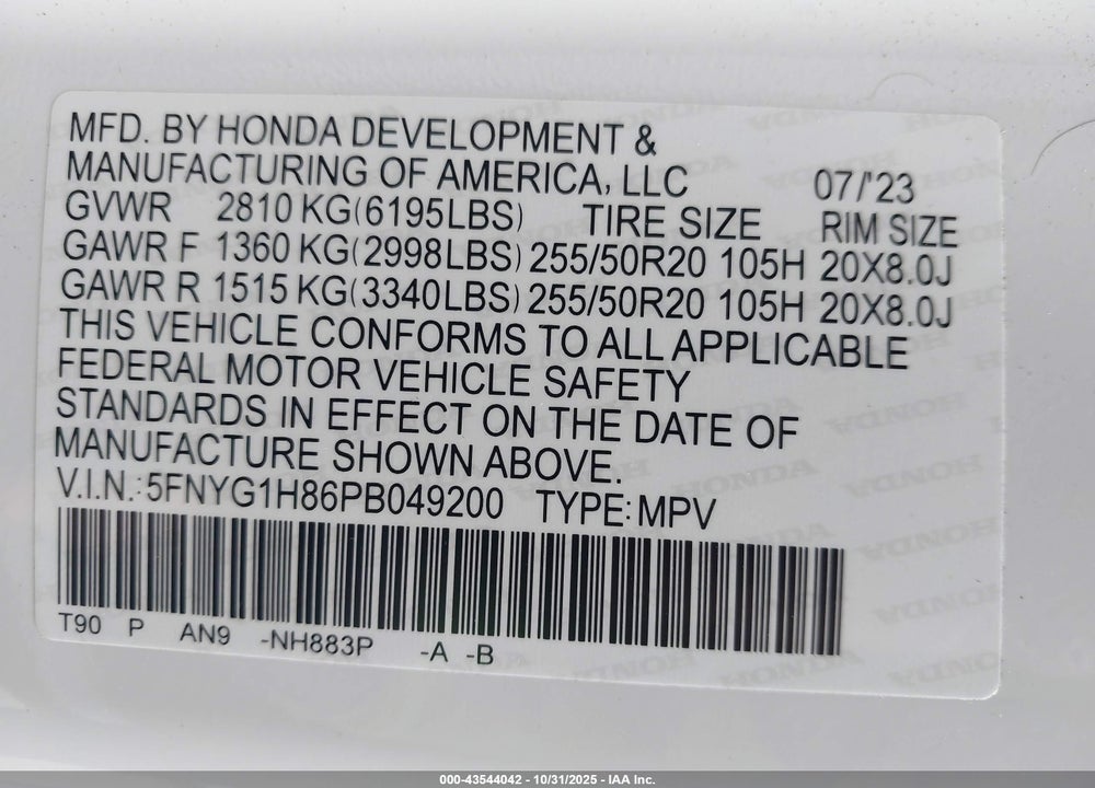 2023 HONDA PILOT AWD ELITE VIN: 5FNYG1H86PB049200