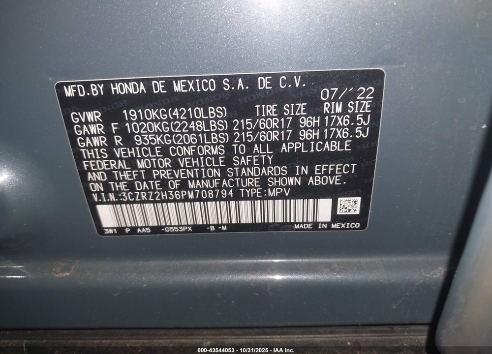 2023 HONDA HR-V VIN: 3CZRZ2H36PM708794