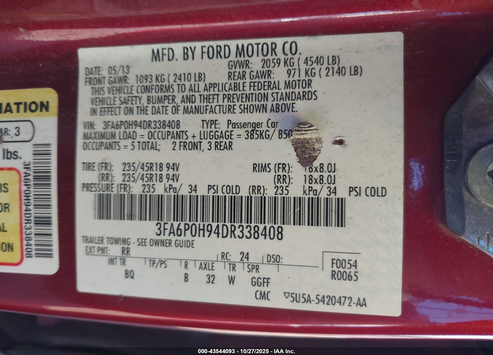 2013 FORD FUSION VIN: 3FA6P0H94DR338408