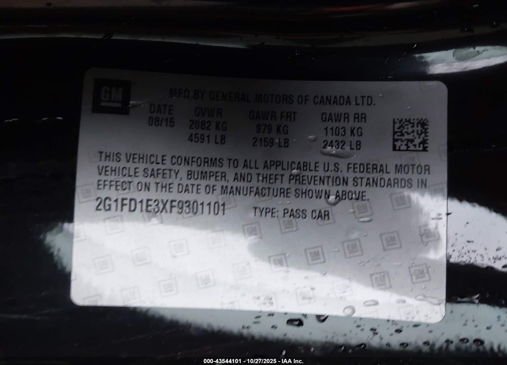 2015 CHEVROLET CAMARO 1LT VIN: 2G1FD1E3XF9301101