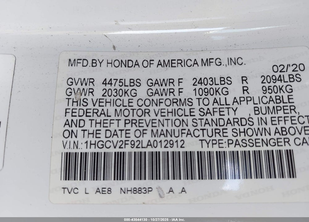 2020 HONDA ACCORD VIN: 1HGCV2F92LA012912