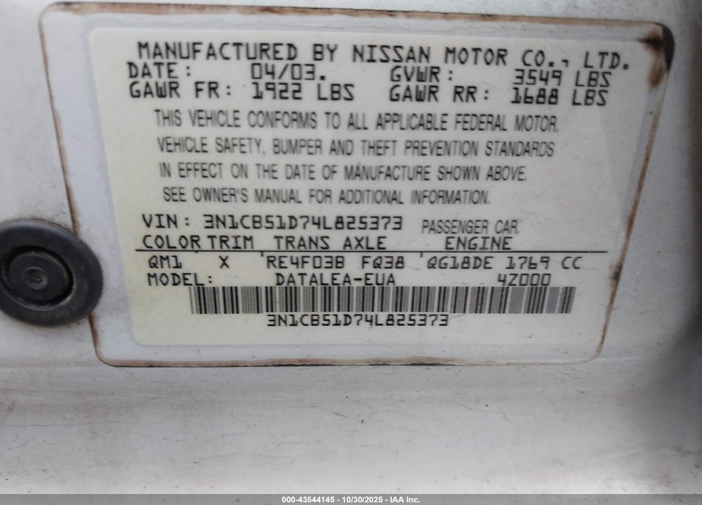 2004 NISSAN SENTRA 1.8S VIN: 3N1CB51D74L825373