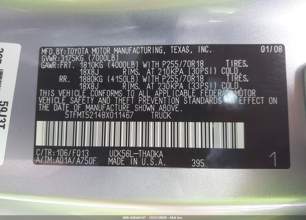 2008 TOYOTA TUNDRA BASE 4.7L V8 VIN: 5TFMT52148X011467