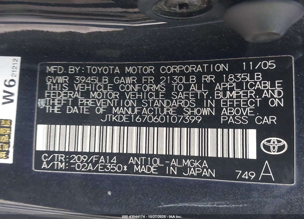 2006 SCION TC VIN: JTKDE167060107399