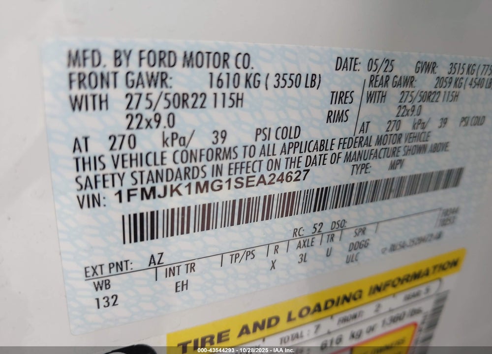 2025 FORD EXPEDITION VIN: 1FMJK1MG1SEA24627