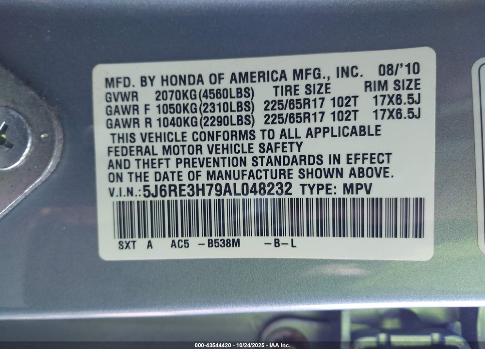 2010 HONDA CR-V VIN: 5J6RE3H79AL048232