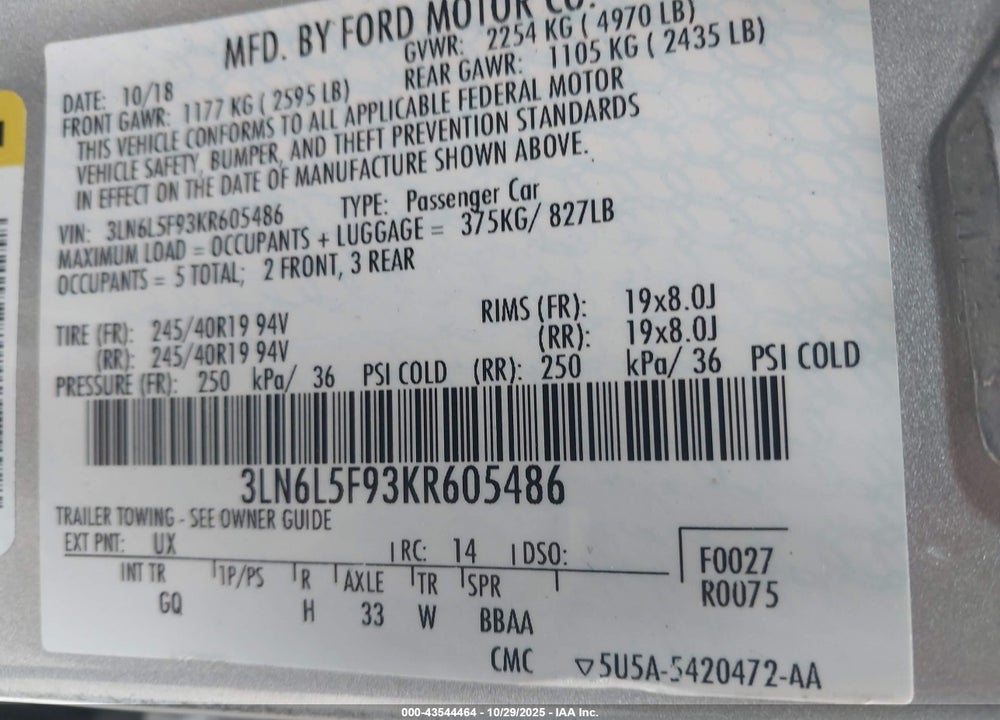2019 LINCOLN MKZ RESERVE II VIN: 3LN6L5F93KR605486
