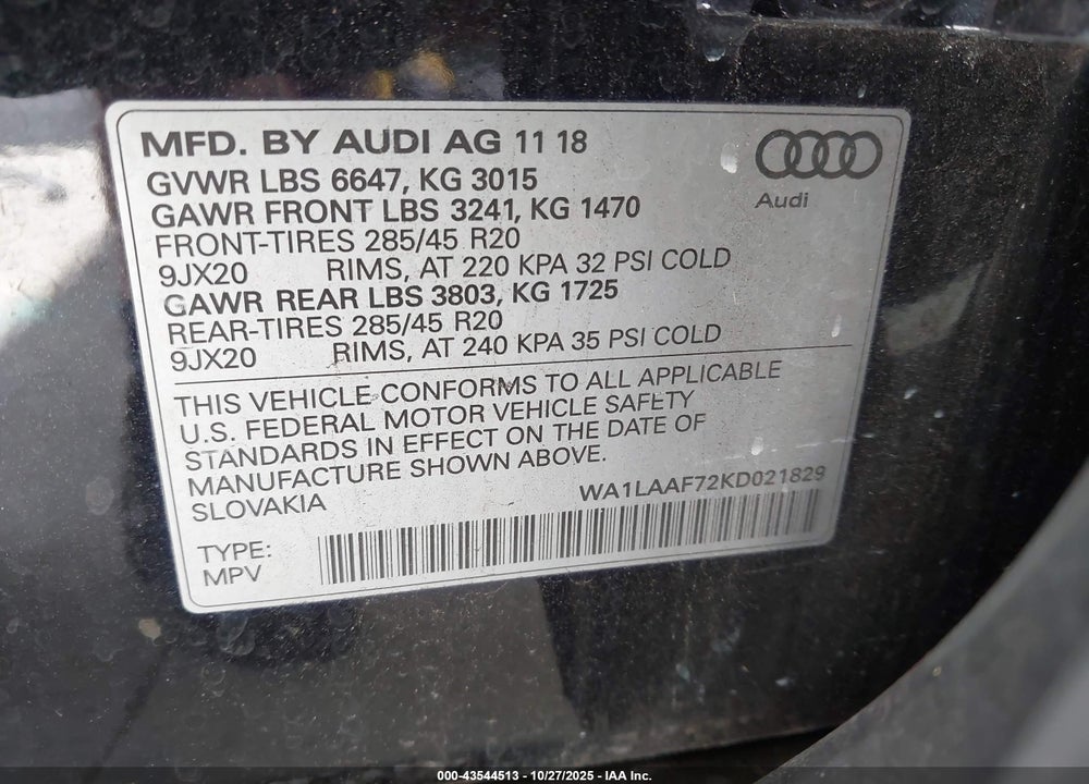 2019 AUDI Q7 VIN: WA1LAAF72KD021829