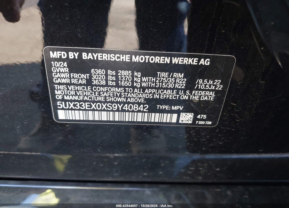 2025 BMW X6 XDRIVE40I VIN: 5UX33EX0XS9Y40842