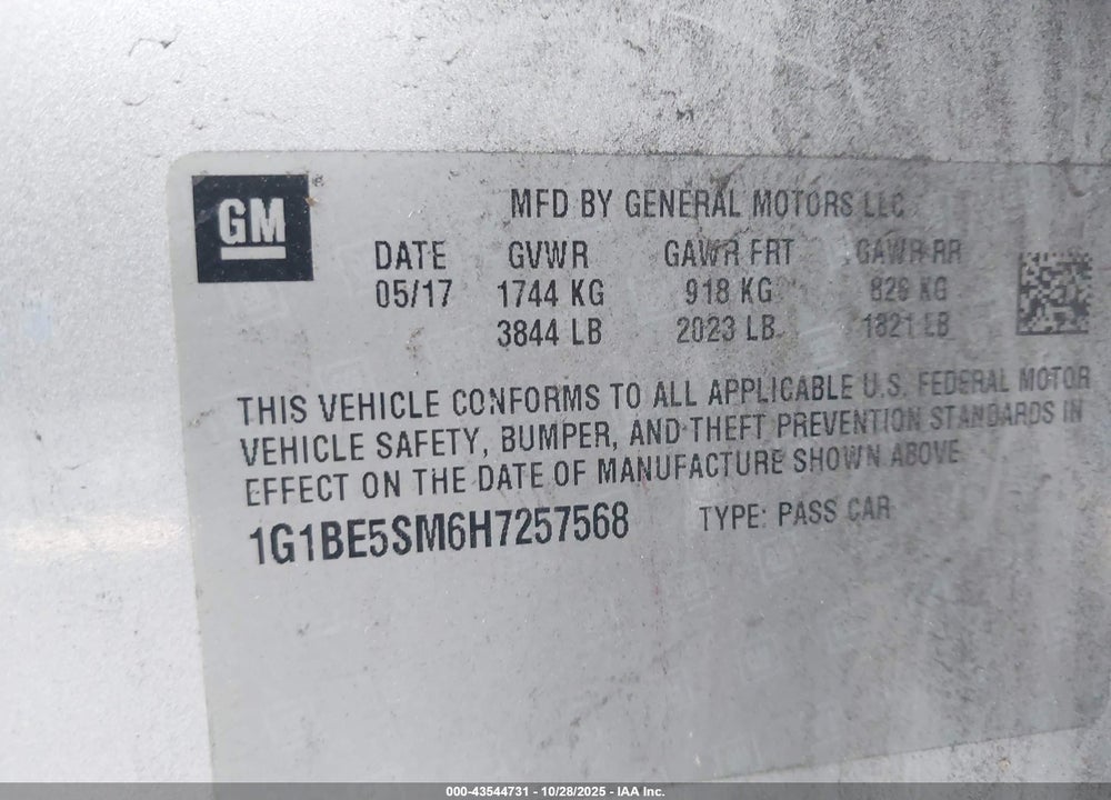 2017 CHEVROLET CRUZE LT AUTO VIN: 1G1BE5SM6H7257568