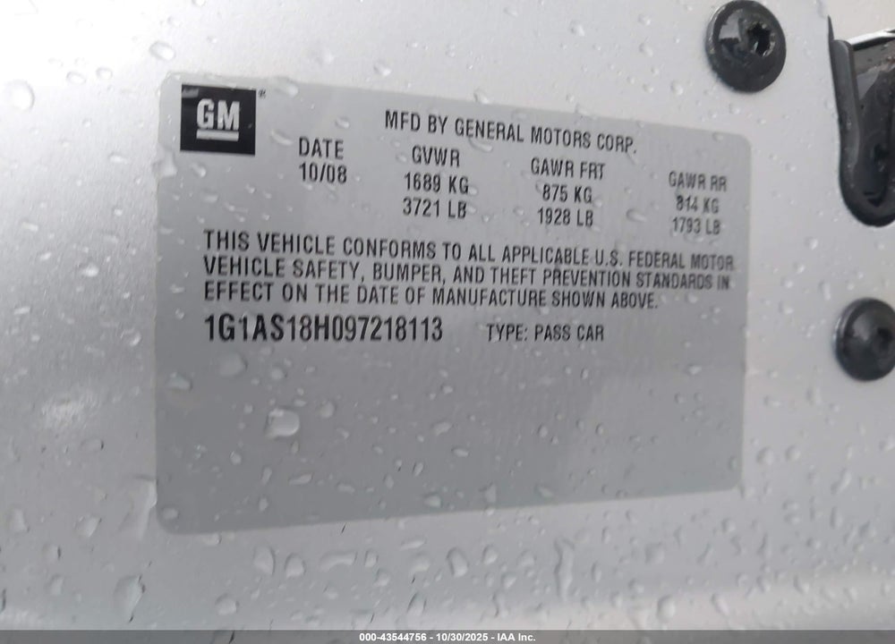 2009 CHEVROLET COBALT VIN: 1G1AS18H097218113