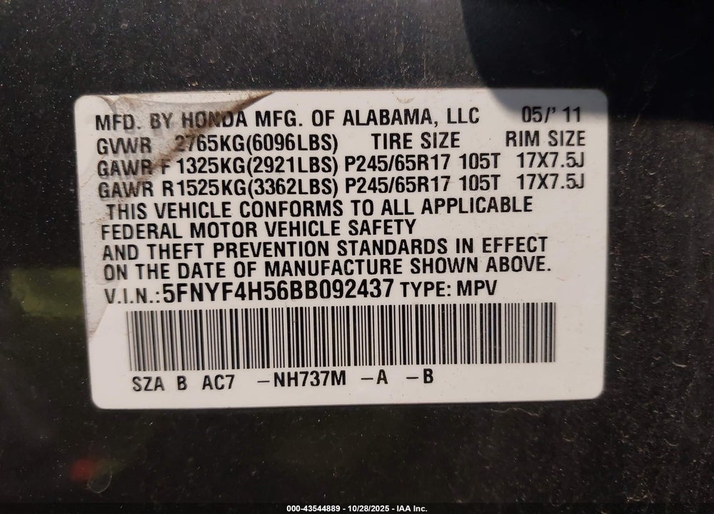 2011 HONDA PILOT VIN: 5FNYF4H56BB092437