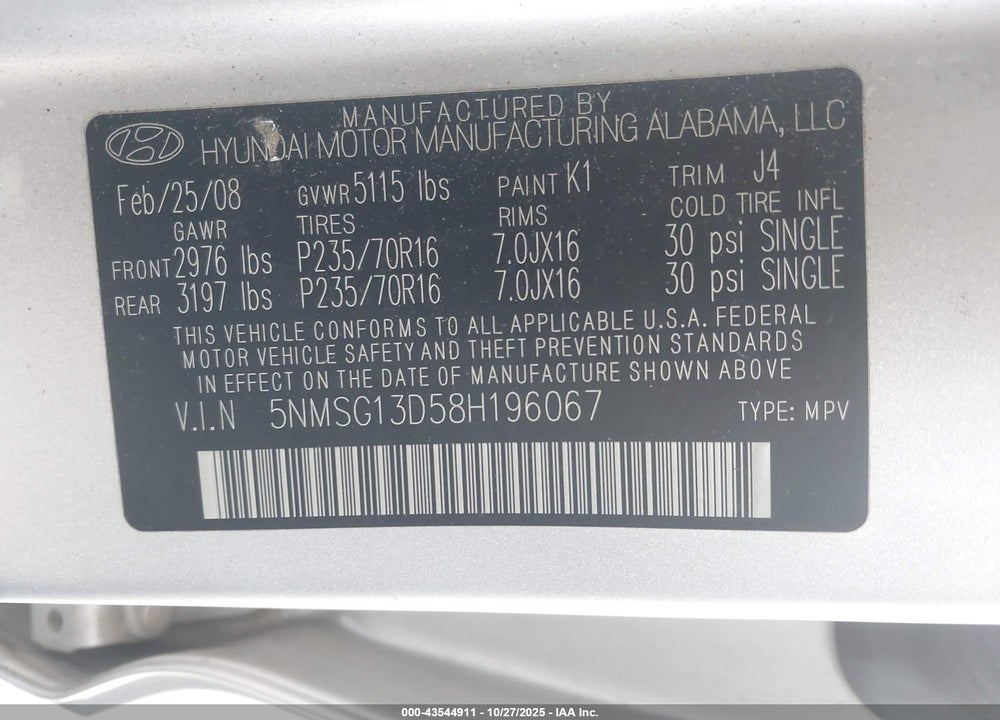 2008 HYUNDAI SANTA FE GLS VIN: 5NMSG13D58H196067