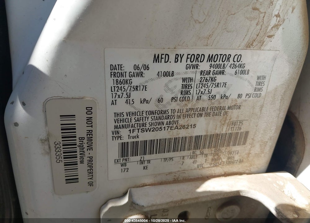 2007 FORD F-250 VIN: 1FTSW20517EA26215