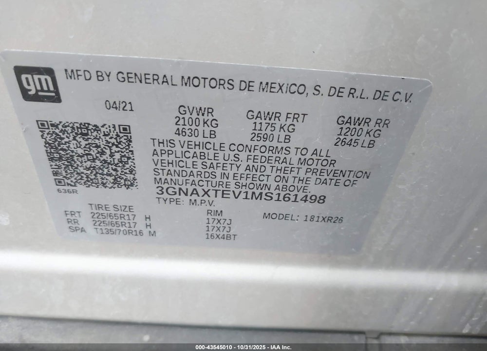 2021 CHEVROLET EQUINOX AWD 2FL VIN: 3GNAXTEV1MS161498