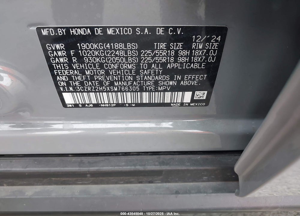 2025 HONDA HR-V AWD SPORT VIN: 3CZRZ2H5XSM766305