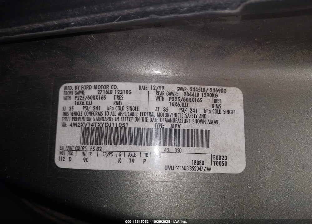 2000 MERCURY VILLAGER ESTATE VIN: 4M2XV14TXYDJ11051