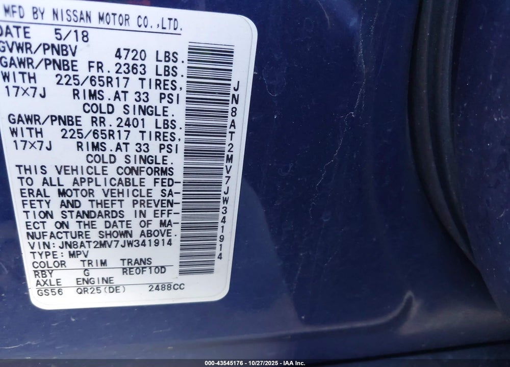 2018 NISSAN ROGUE SPORT VIN: JN8AT2MV7JW341914