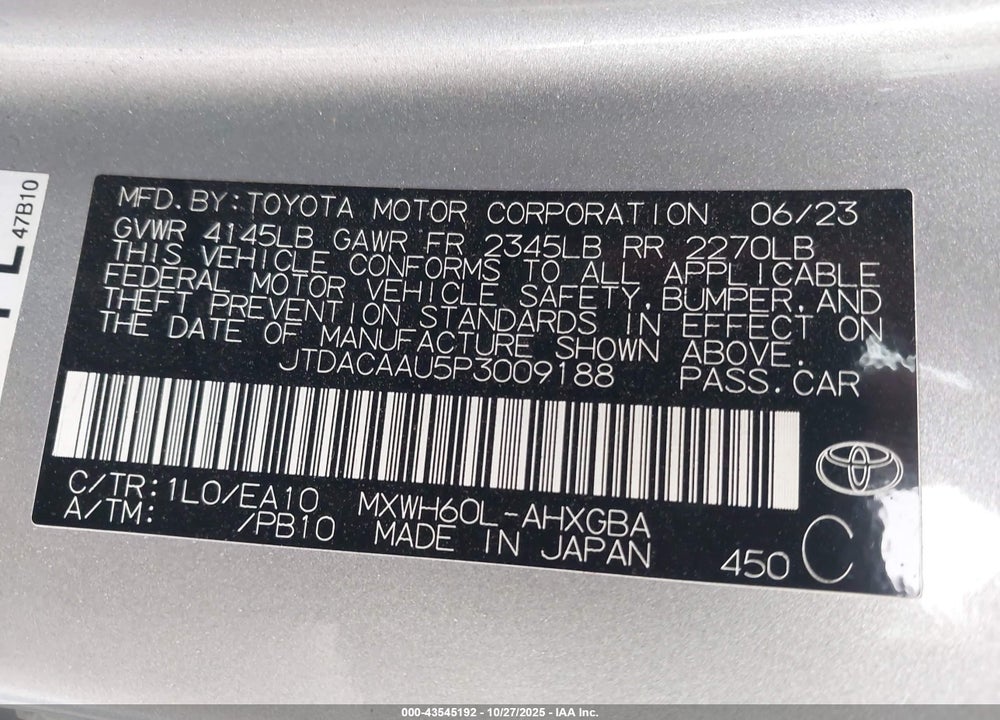 2023 TOYOTA PRIUS XLE VIN: JTDACAAU5P3009188