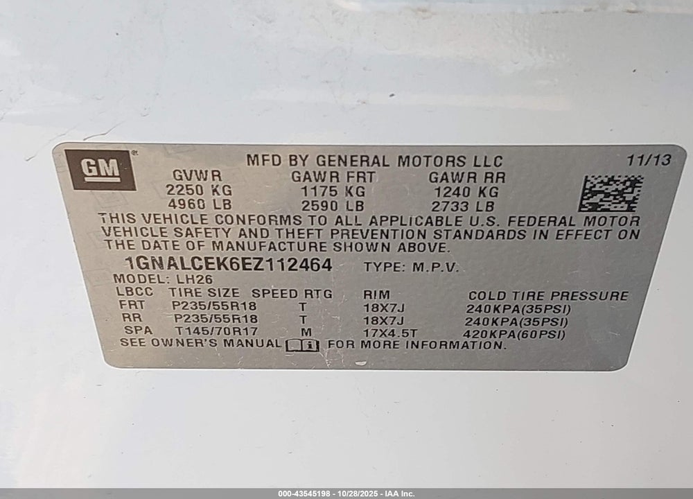 2014 CHEVROLET EQUINOX 2LT VIN: 1GNALCEK6EZ112464