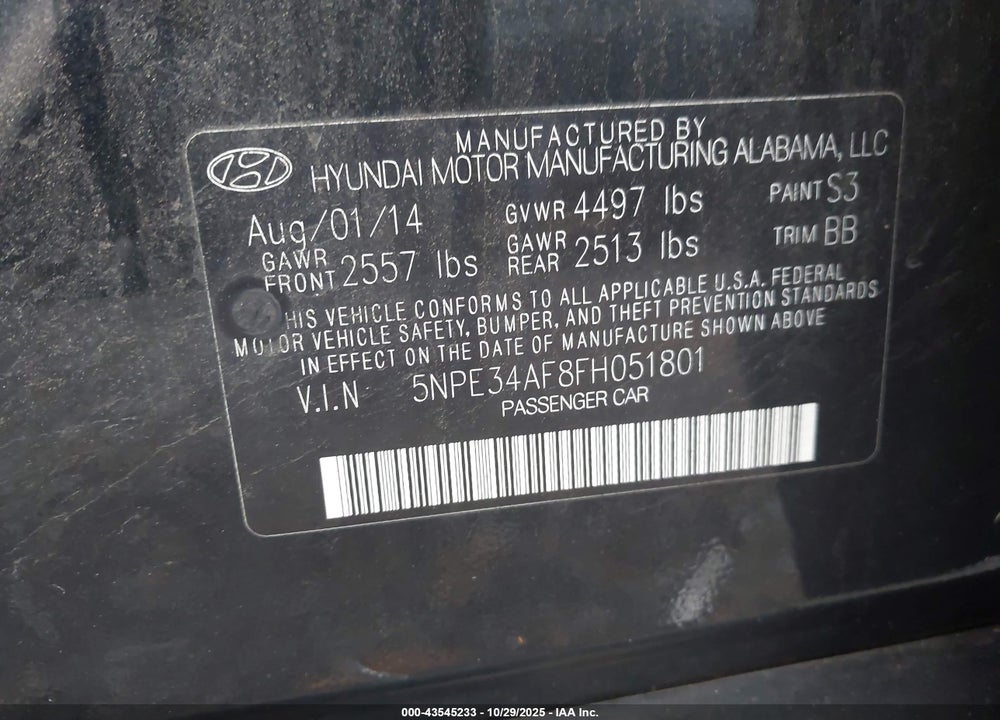 2015 HYUNDAI SONATA SPORT VIN: 5NPE34AF8FH051801
