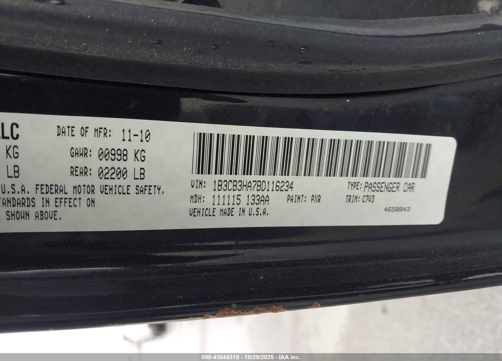 2011 DODGE CALIBER MAINSTREET VIN: 1B3CB3HA7BD116234