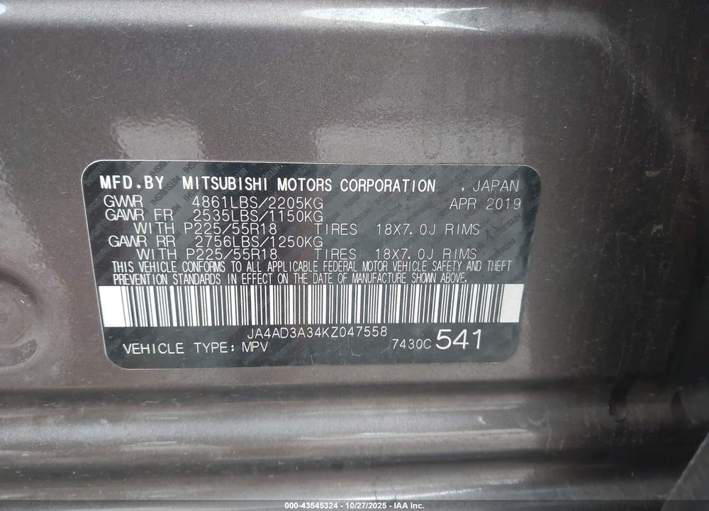 2019 MITSUBISHI OUTLANDER SEL VIN: JA4AD3A34KZ047558
