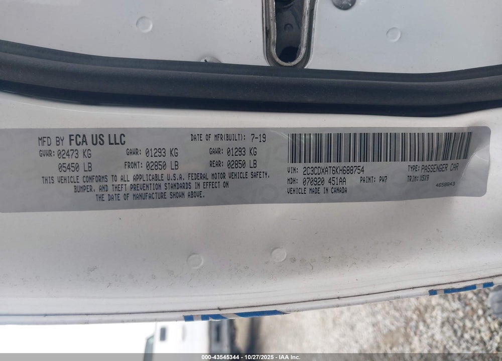 2019 DODGE CHARGER POLICE RWD VIN: 2C3CDXAT6KH688754