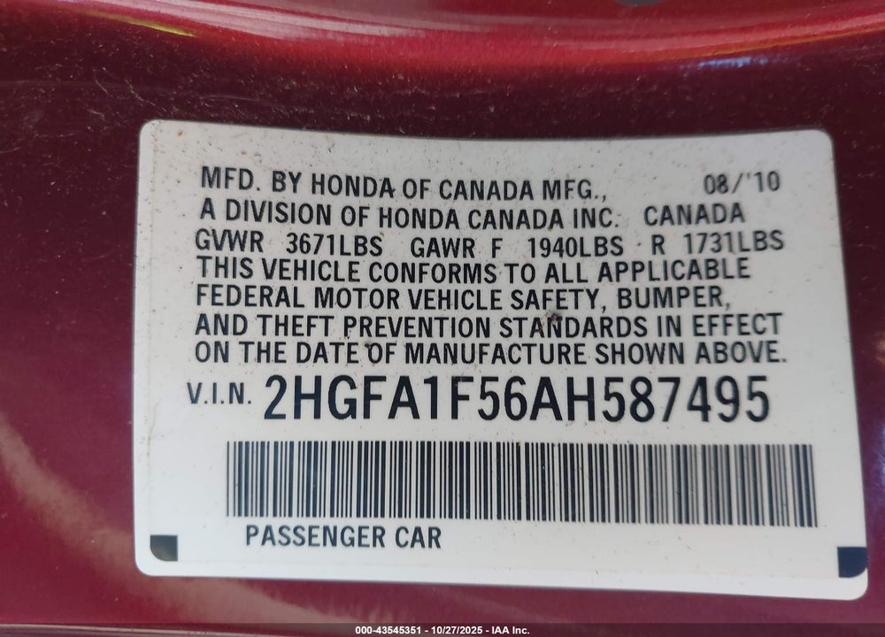 2010 HONDA CIVIC LX VIN: 2HGFA1F56AH587495