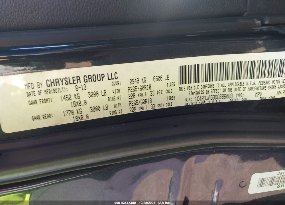 2013 DODGE DURANGO SXT VIN: 1C4RDJAG3DC686083