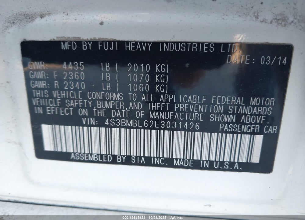 2014 SUBARU LEGACY VIN: 4S3BMBL62E3031426