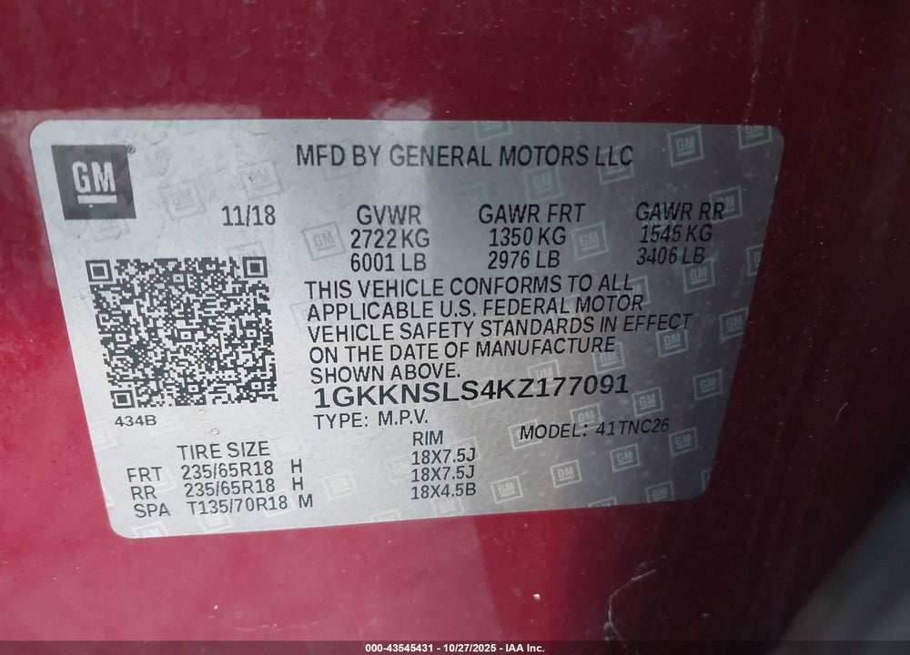 2019 GMC ACADIA SLE-2 VIN: 1GKKNSLS4KZ177091