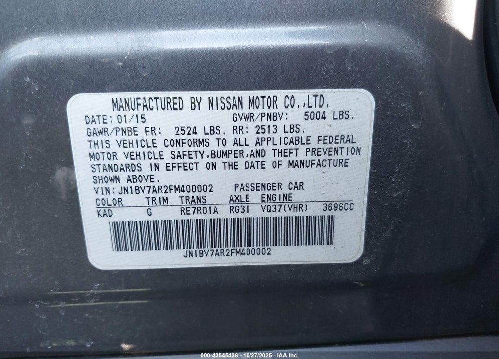 2015 INFINITI Q50 VIN: JN1BV7AR2FM400002