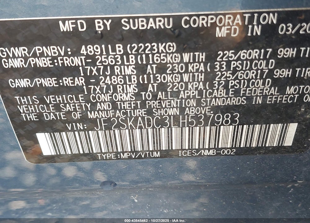 2020 SUBARU FORESTER VIN: JF2SKADC3LH537983