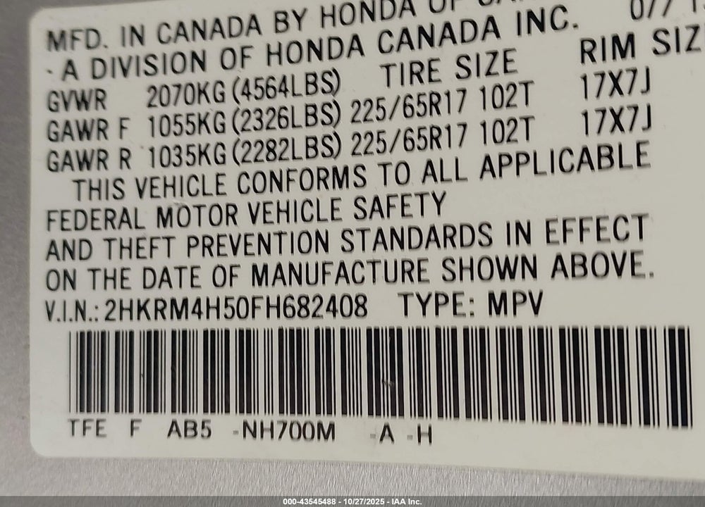 2015 HONDA CR-V EX VIN: 2HKRM4H50FH682408