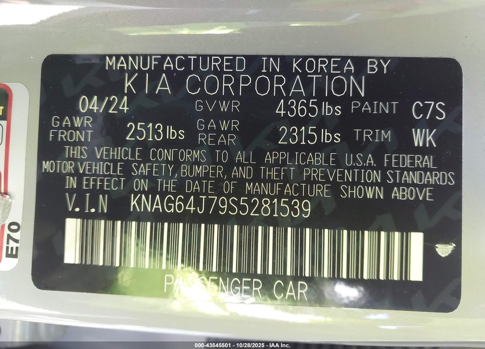 2025 KIA K5 GT LINE VIN: KNAG64J79S5281539